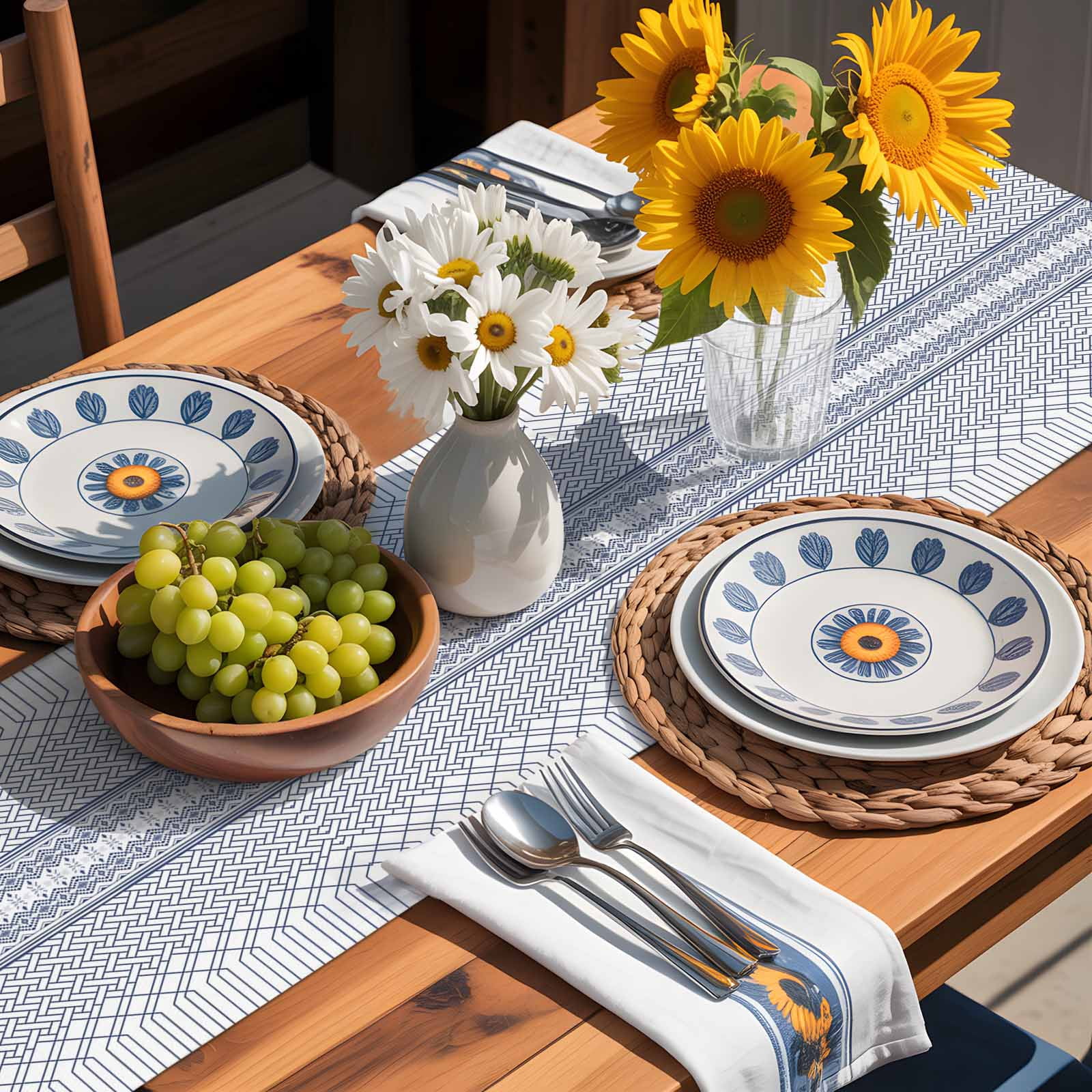 Modern Geometric Stripe Art Table Runner 90 Inches Long, Minimalist Blue Ombre on White Table Runners Tabletop Scarf Kitchen Dining Tables Decoration for Home Party Indoor Outdoor