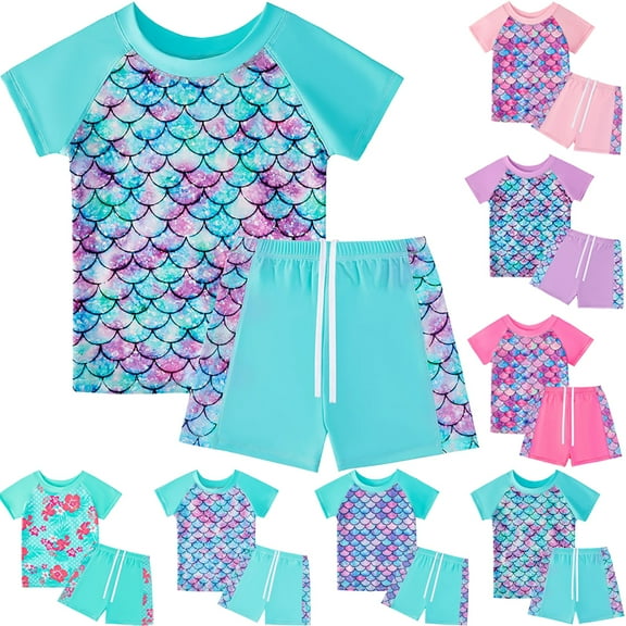 Girls UPF 50  Rash Guard Set Two Piece Swimsuit Bathing Suit Beach Swimwear 5-12 Years