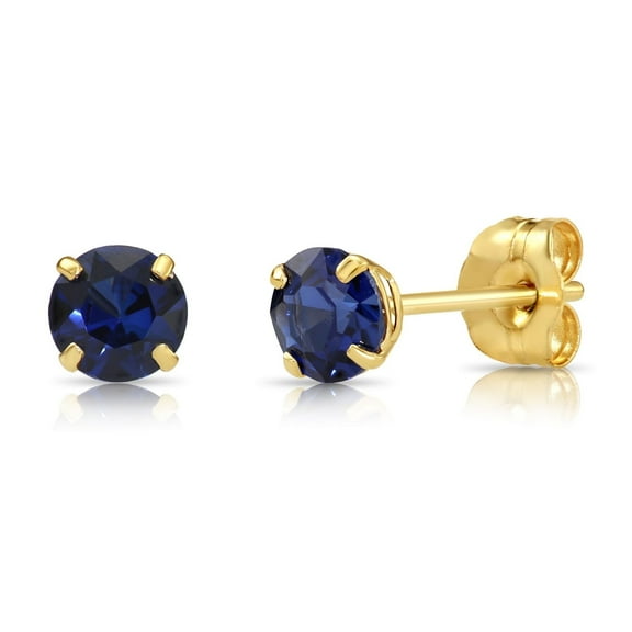 Tilo Jewelry 10K Yellow Gold Blue Round Stud Post Earrings with Cubic Zirconia CZ Birthstone | September-Sapphire | Women, Men, Unisex