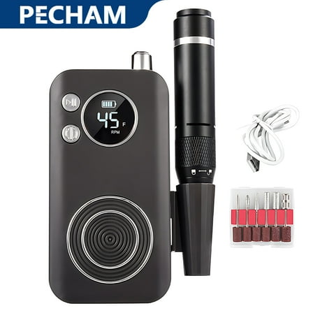 Pecham Electric Nail Drill Kit, 45000RPM Rechargeable Electric File for Acrylic Nails Gel Polishing Removing, Professional Nail Drill for Manicure Salon & Pedicure - Black
