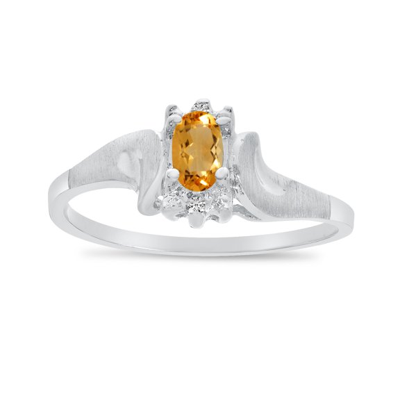 14k White Gold Oval Citrine And Diamond Satin Finish Ring