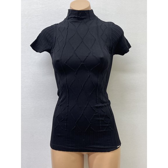 Women Seamless Short Sleeve Mock Neck Dimond Texture Material Blouse Top Stretch Tee Shirts