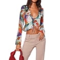 thumbnail image 3 of VISgogo, camiseta corta para mujer, manga larga, lisa/variegada, con volantes y lazo, cárdigan, camisas cortas, camisetas de primavera/verano con ombligo para mujer VISgogo  moda, 3 of 9