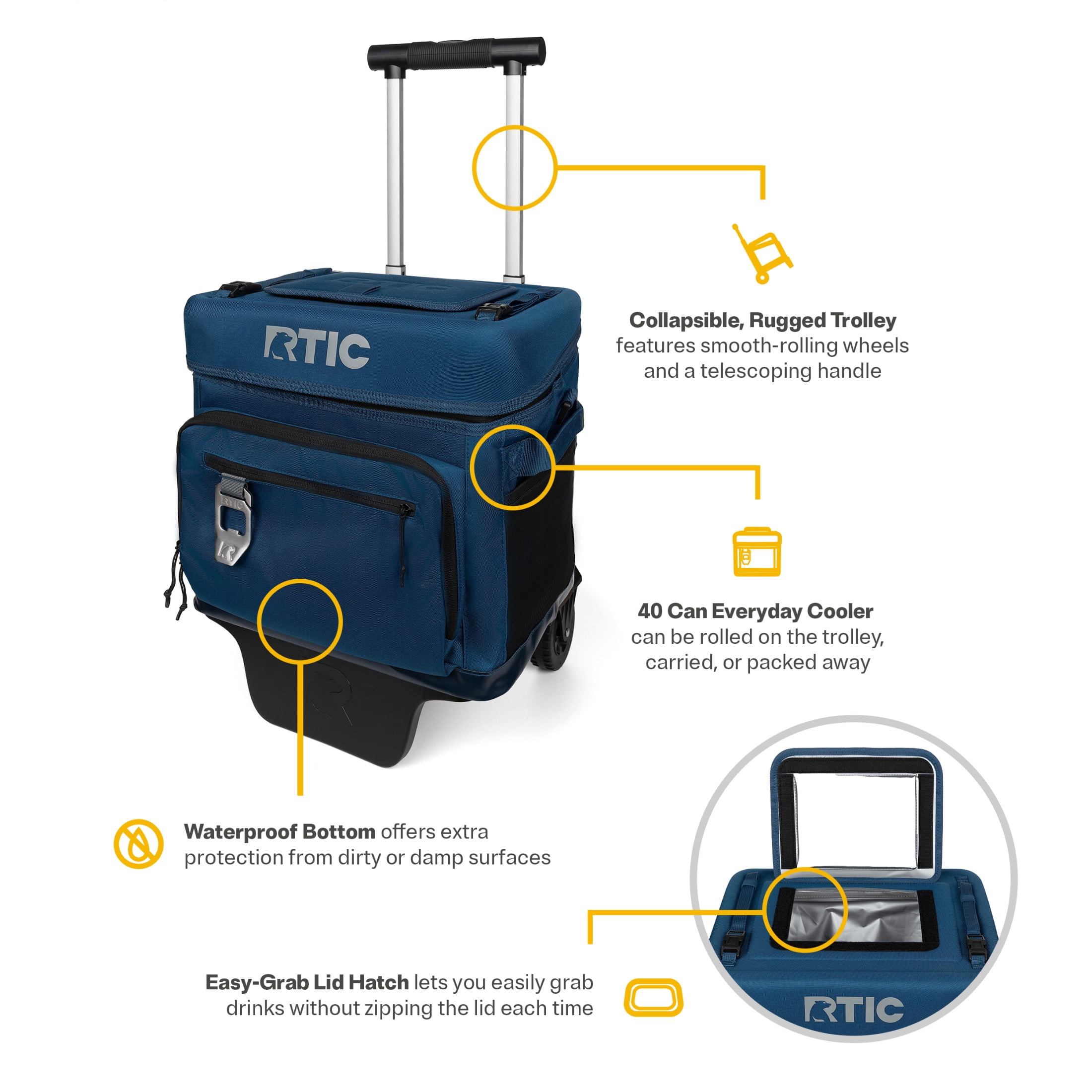 RTIC 40-Can, 21 Qt, Collapsible Wheeled Cooler with Bottle Opener, Navy