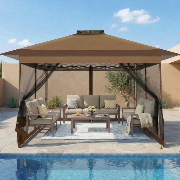 HOTEEL 13x13ft Pop Up Gazebo Outdoor Canopy Tent with Adjustable Height, UV 50  Sun Protection & Removable Mosquito Net - Waterproof Instant Shelter, Brown