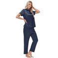 thumbnail image 4 of Usloyux Women's 2 Piece Outfits Short Sleeve Collared Shirt and Pants Matching Lounge Set Solid Casual Tracksuit with Elastic Waist, Navy L, 4 of 8