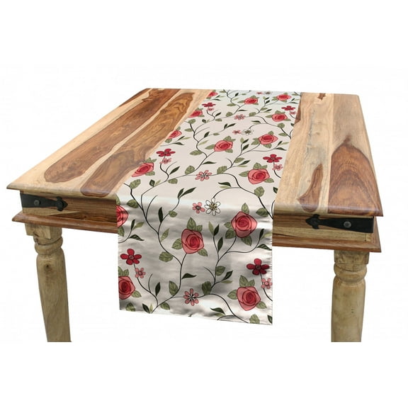 Garden Art Table Runner, Artwork of Blooming Roses and Abstract Flowers and Leafy Branches, Dining Room Kitchen Rectangular Runner, 3 Sizes, by Ambesonne