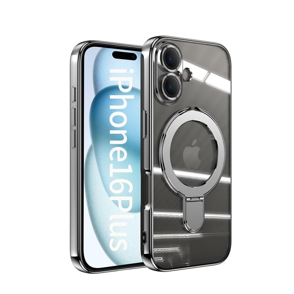 Allytechgroup Case for Apple iPhone 16 Plus [Compatible with MagSafe], 360° Rotatable Invisible Magnetic Ring Stand [Camera Lens Protector] Military-Grade Plating Clear Shockproof Phone Cover,Gray