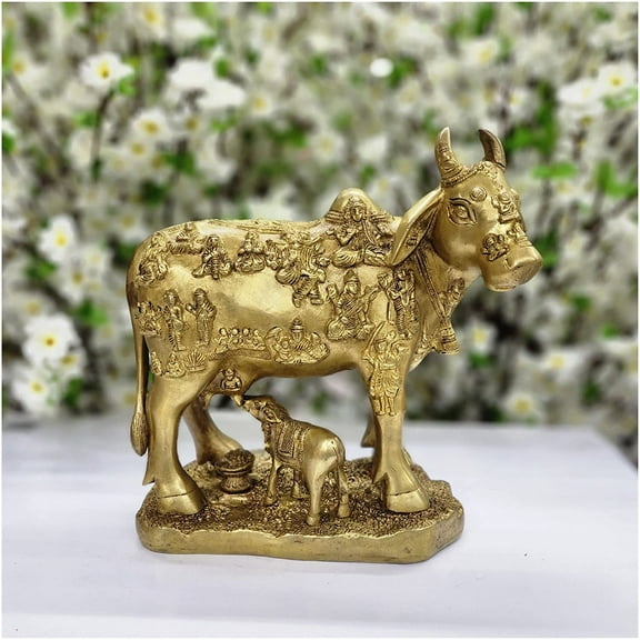 Kamdhenu Statue Kamdhenu Cow with Calf Statue in Brass Large Cow Idol Cow with Baby Krishna Cow with Calf Figurine Indian Wedding Return Gift Handcrafted Statue Decorative Gift - AtoZ India Cart
