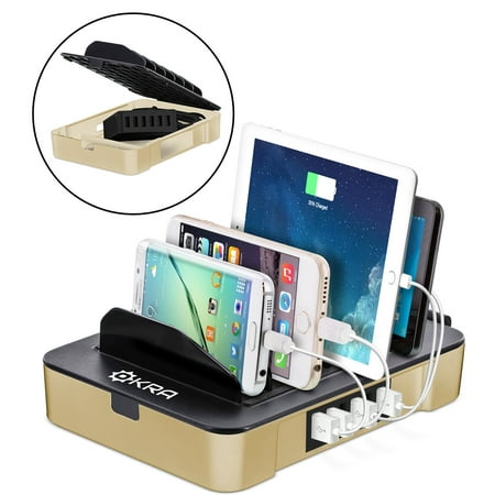 Okra USB Charging Station 6-Port 2-in-1 Organizer + Removable Charging Hub Universal for iPhone, iPad, Galaxy Tablets Smartphones Multiple Devices Desktop Hub Charging Dock for Tablets