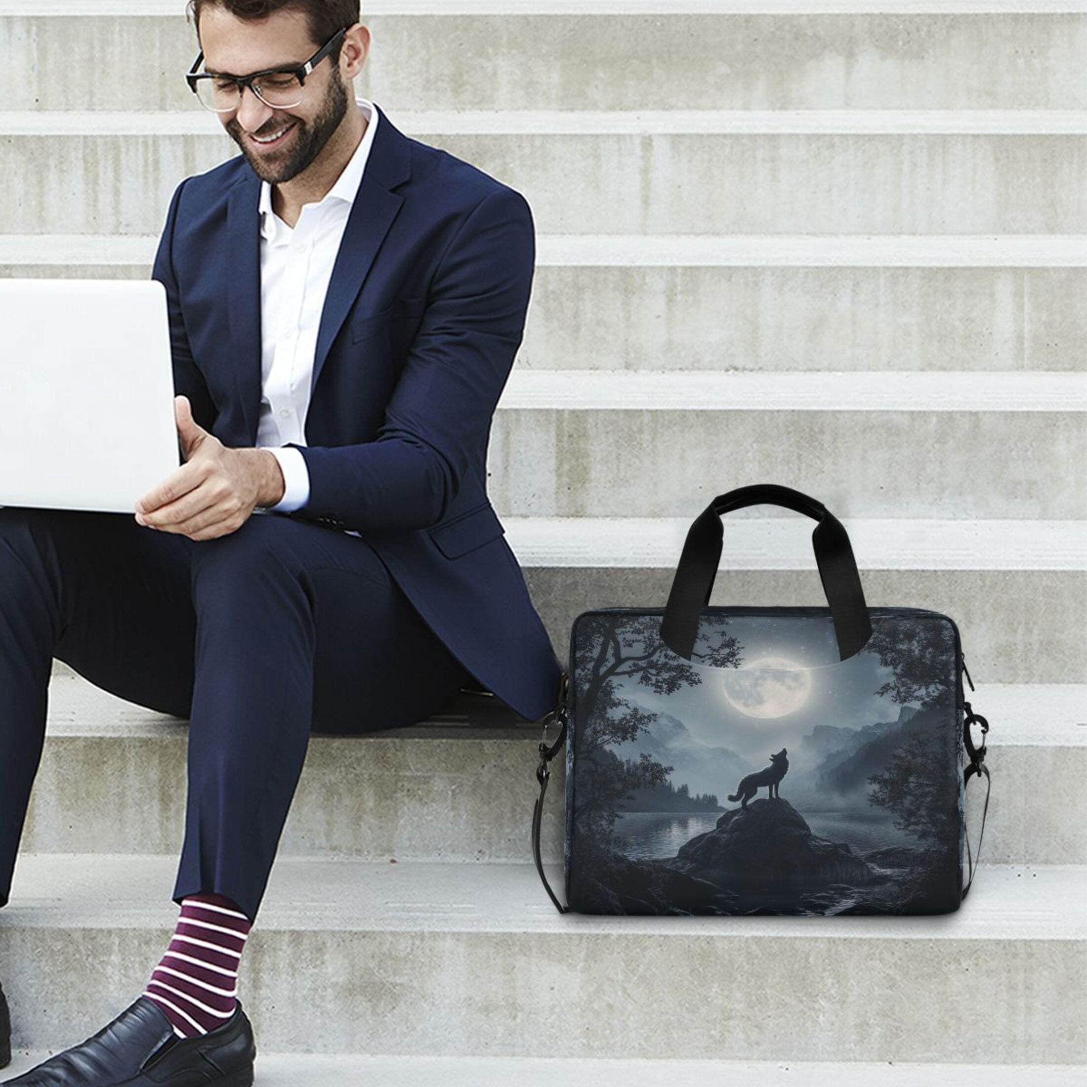 16" Laptop Tote Bag Laptop Sleeve Case Computer Briefcase for Work & Travel Wolf Howling at The Moon