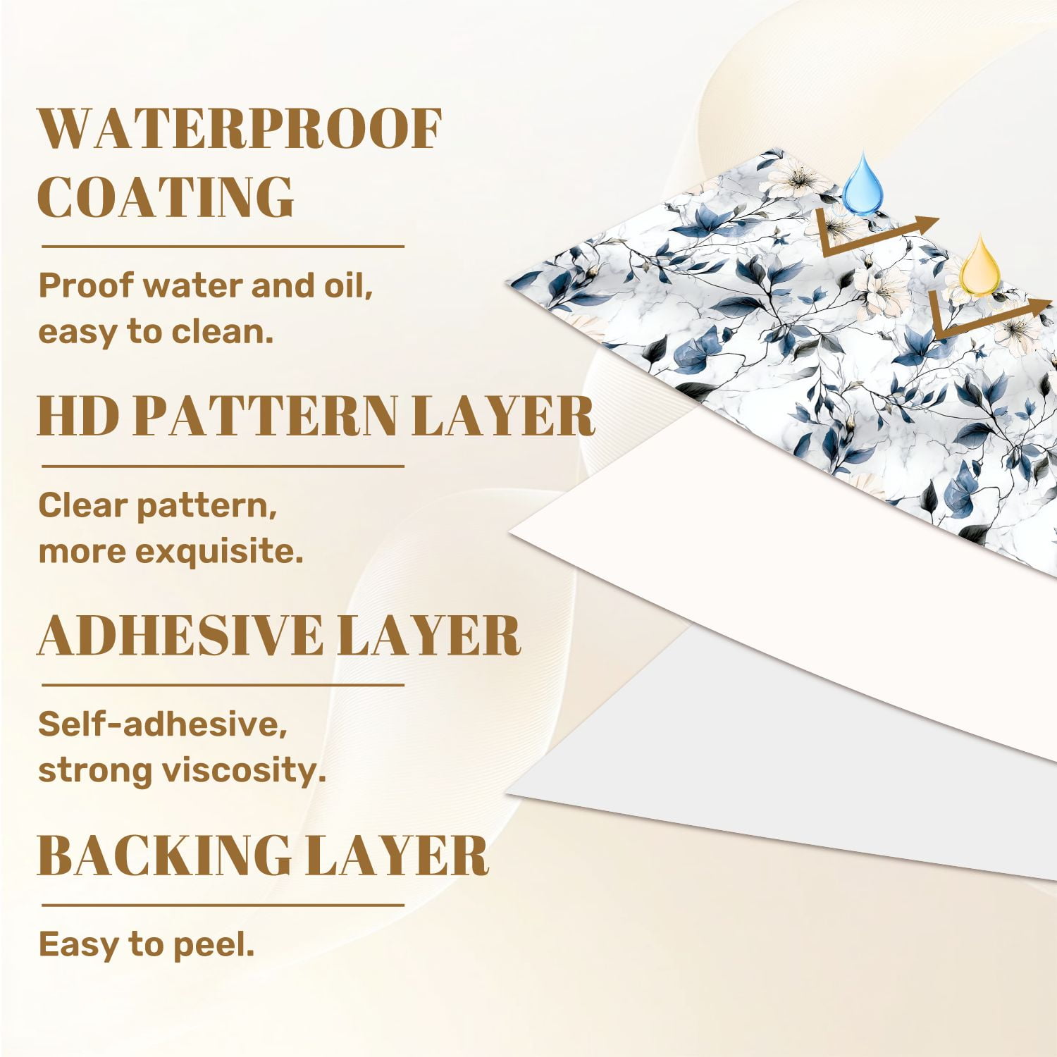 Peel and Stick Wallpaper 23.6in x 9.8ft Elegant Floral Blue Leaves White Flowers Marble Contact Paper Vinyl Self-Adhesive Removable Wall Paper for Bedroom Kitchen Cabinet Décor Renter Friendly
