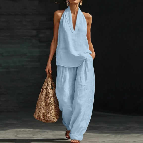 gbyLJF Womens Vacation Clothes Set Sleeveless Top and Wide Leg Pants Matching Set Summer Linen 2 Piece Outfits for Women