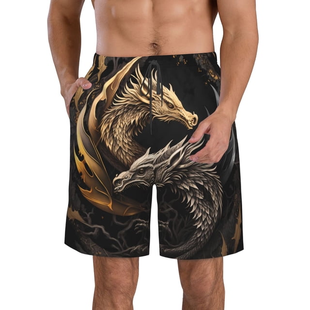 Fotbe Vintage Metal Dragon Trajes de Baño Estampados para Hombre, Shorts de Verano de Secado Rápido, Ropa de Playa, Bañadores-Medium