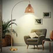 SUNMORY 72 inch Arched Rattan Floor Lamp, Fabric Retro Boho Farmhouse Rustic Standing Lamp for Living Room, Bedroom, Office, 9W & Foot Switch & 3 Color Temperature, Gold