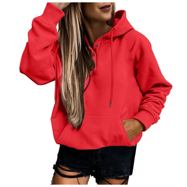 Aocisk Chandail à Capuchon Décontracté Uni pour Femme avec Cordon, Manches Longues, Coupe Ample, Haut à Enfiler Confortable Style Mode Urbaine Rouge TG