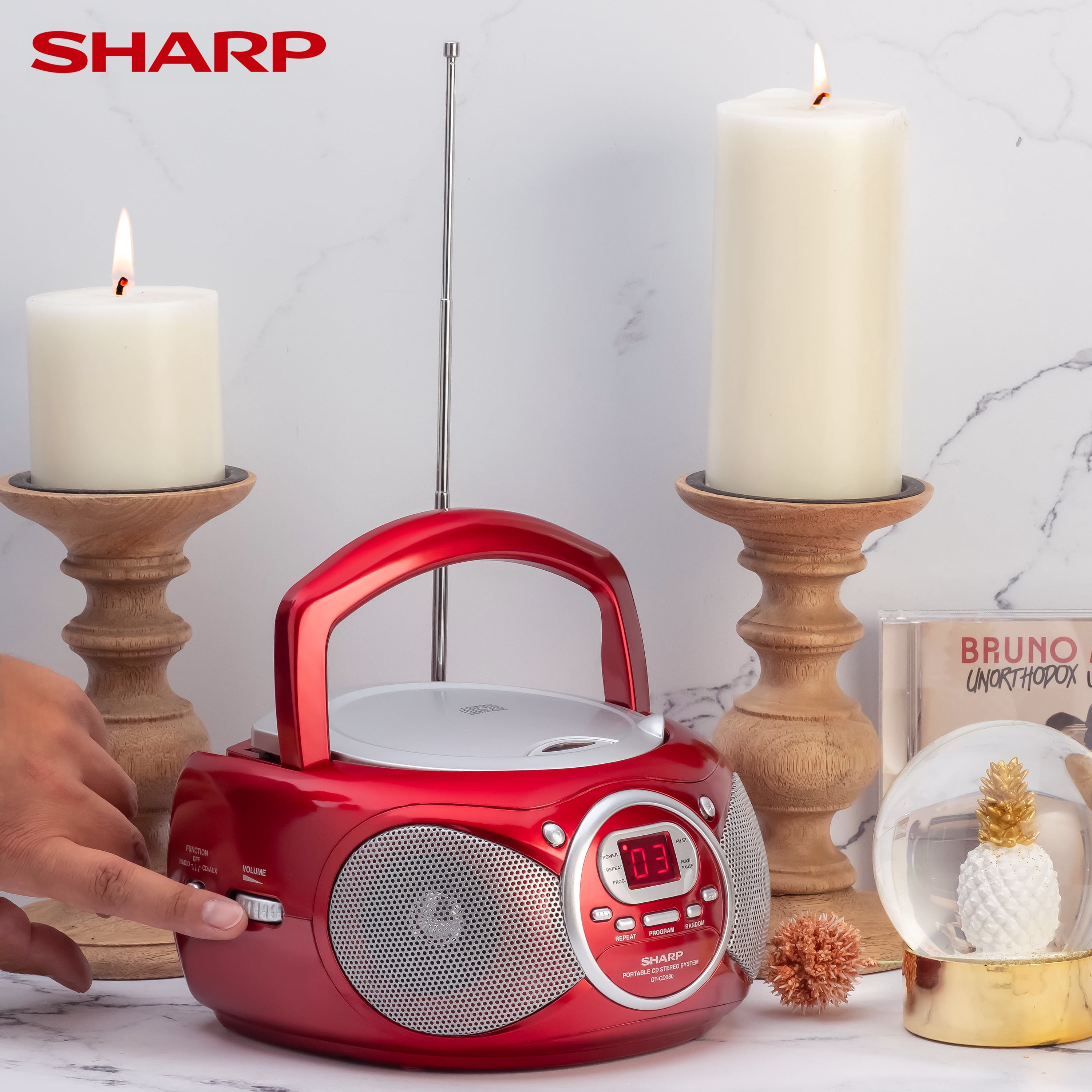 Sharp QT-CD280(RD) Portable CD Boombox with AM/FM Stereo Radio & Aux Input – Battery Powered, Red