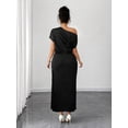 thumbnail image 2 of Black Satin Asymmetric One-Shoulder Ruched Waist Midi Dress For Women, 2 of 6