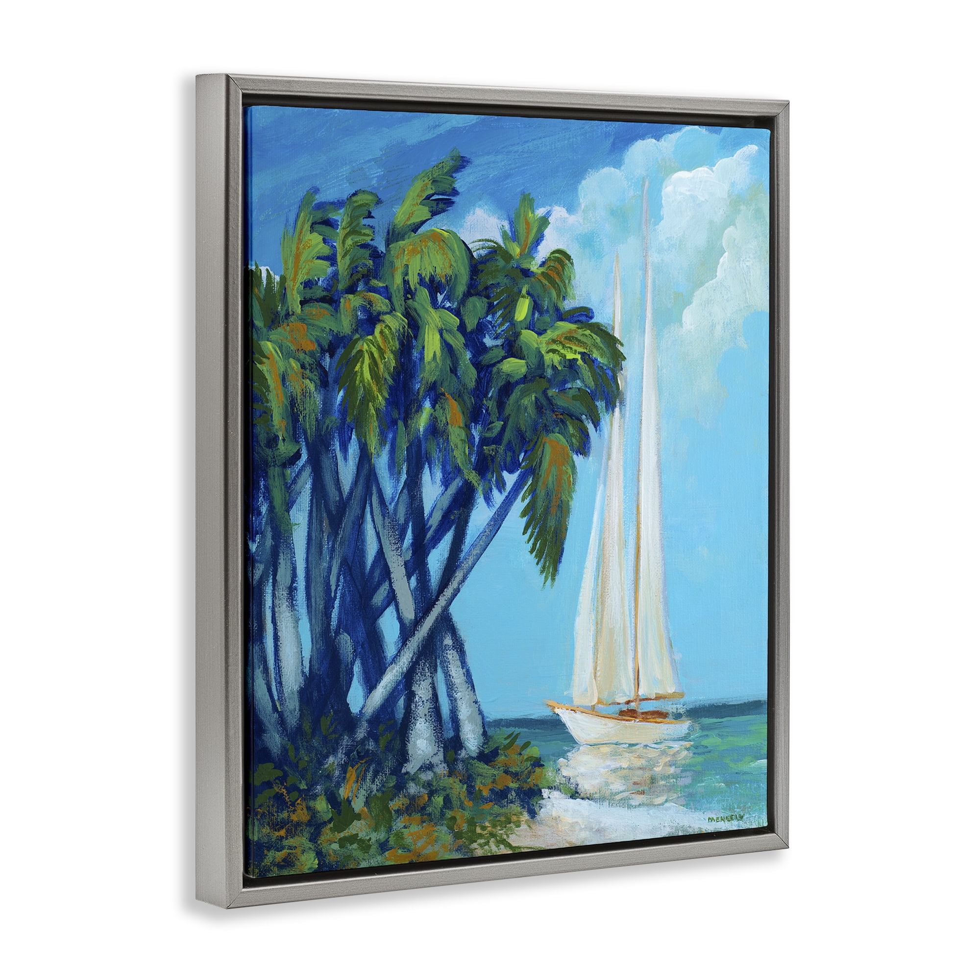 Stupell Industries Sailboat & Twisted Palms Gray Framed Floater Canvas Wall Art, design by Dan Meneely