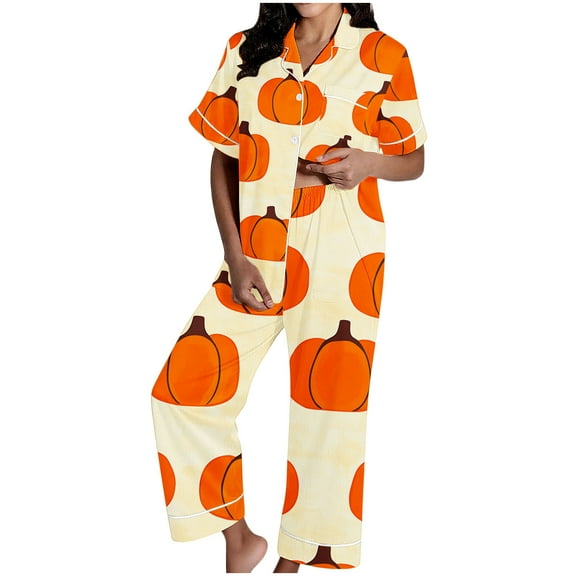 Tnhcen Women's Halloween Pajama Set Cute Pumpkin Print Short Sleeve Button Up Elastic Waist 2-Piece Comfortable Sleepwear S-3XL Orange