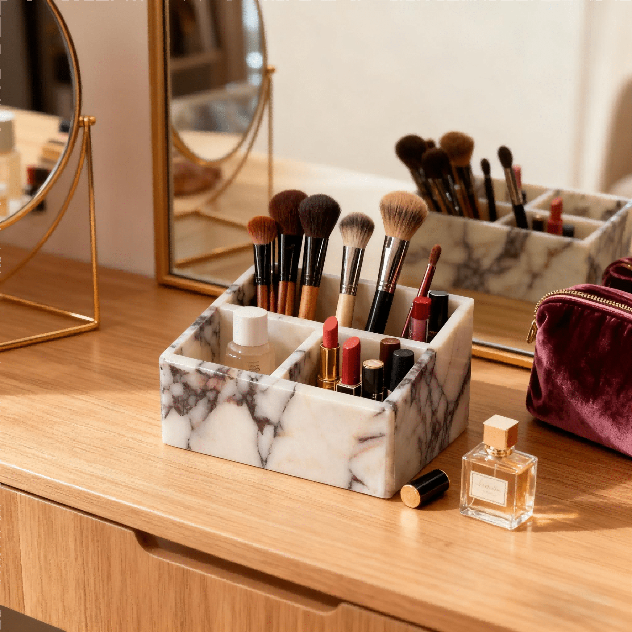 Calacatta Viola Marble Storage Organizer with Compartments - Multi-Purpose Desktop, Natural Stone Vanity Bathroom Office Kitchen Tray