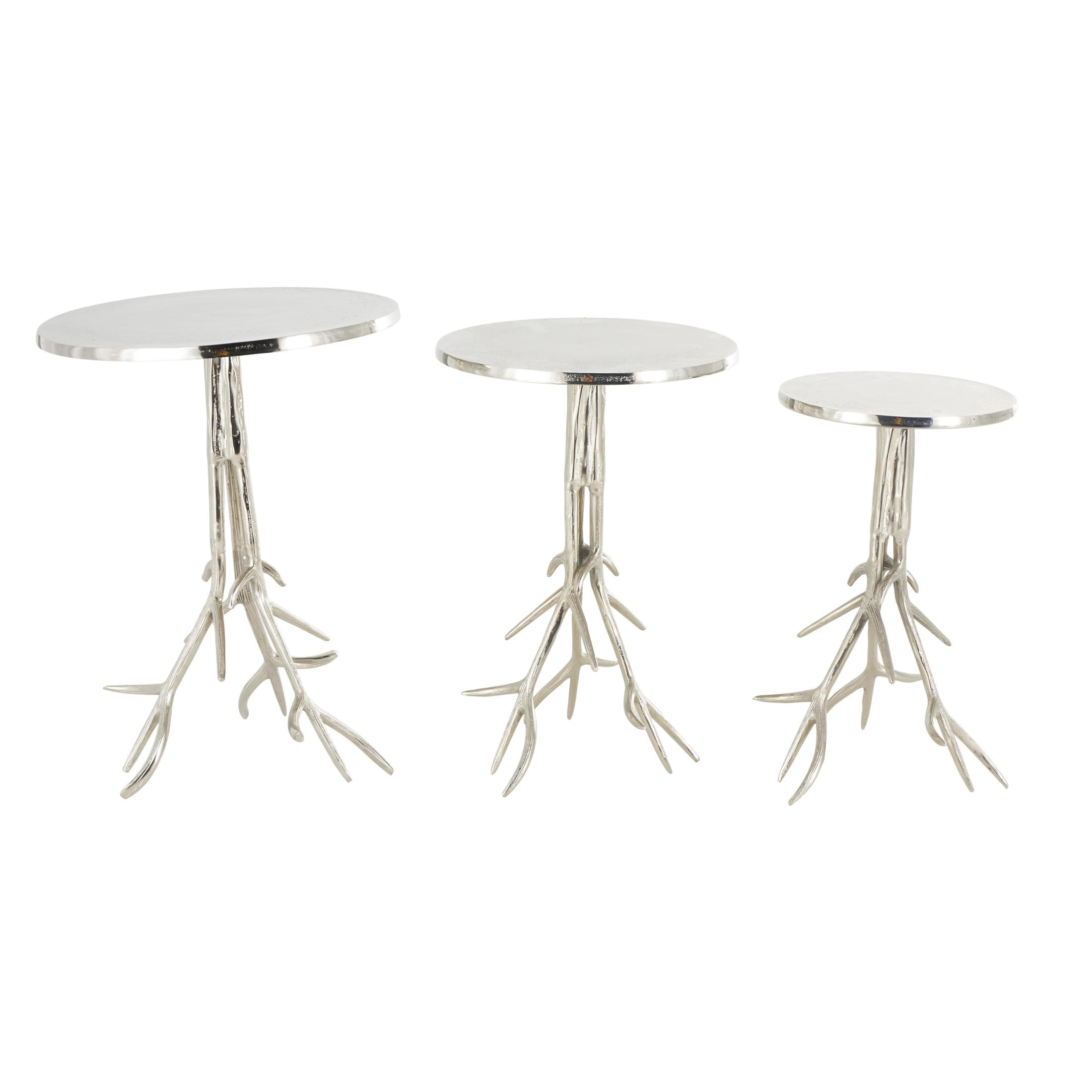 DecMode 18" x 24" Silver Aluminum Metal Accent Table with Textured Tree Branch Legs, 3-Pieces