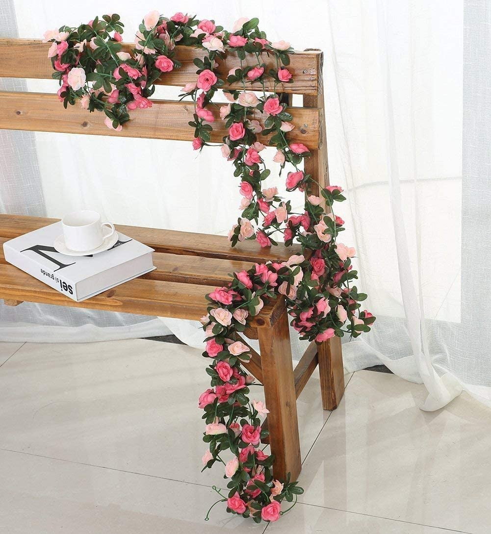 Clearance 2 Pack 16.4 FT Fake Rose Vine Flowers Plants Artificial Flower Hanging Rose Ivy Home Decor Pink