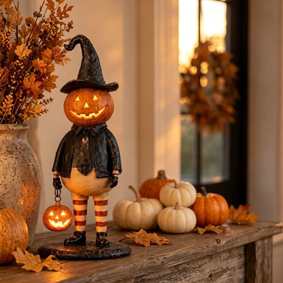 Halloween Decor,Halloween Lamps, Pumpkin Lamp Resin Figurine, Spooky Witch Desk Decor