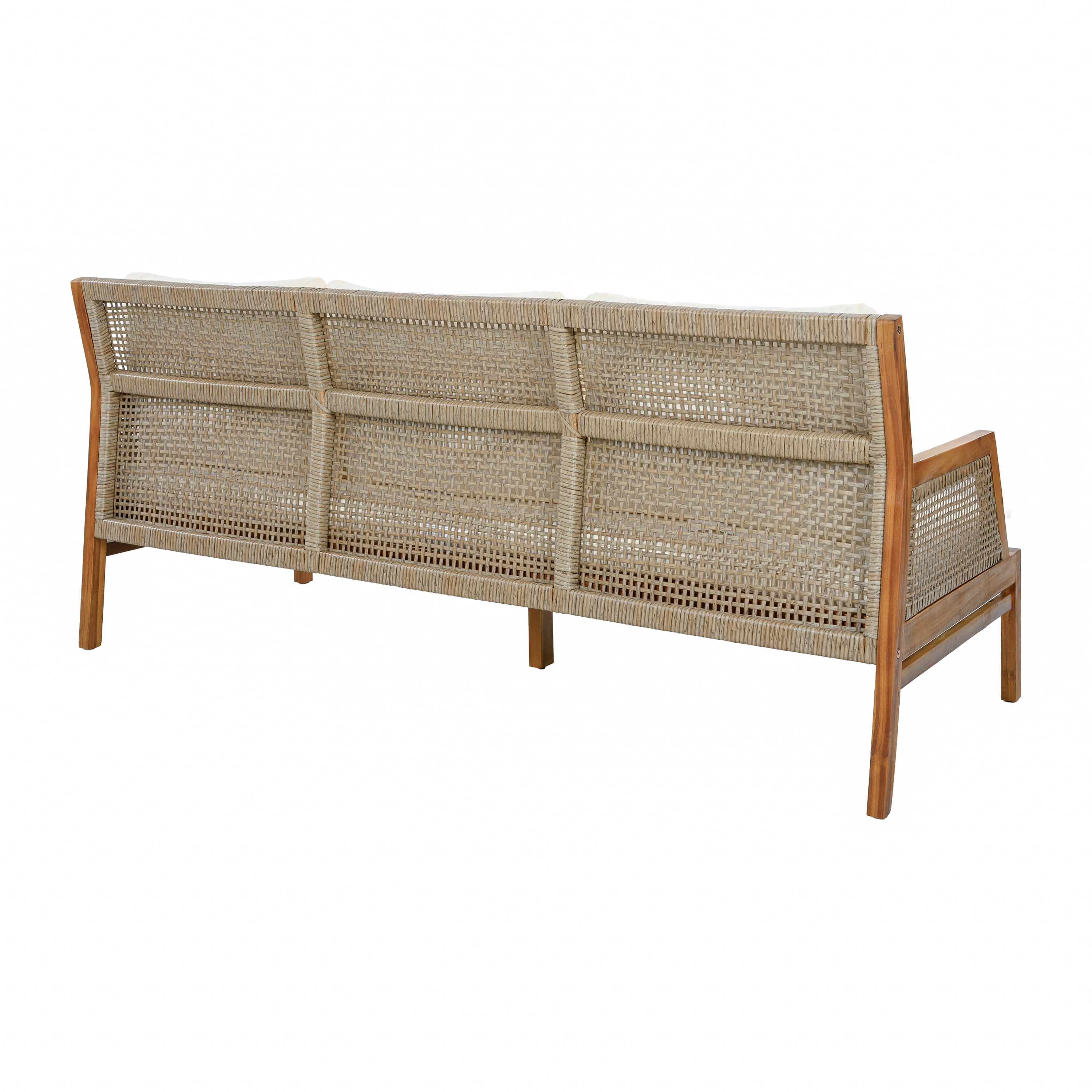 3-Piece Patio Furniture Set with Acacia Wood and Wicker, Outdoor Sectional Sofa and Coffee Table with Soft Cushions for Garden Backyard, 4-Seat, Teak and Cream