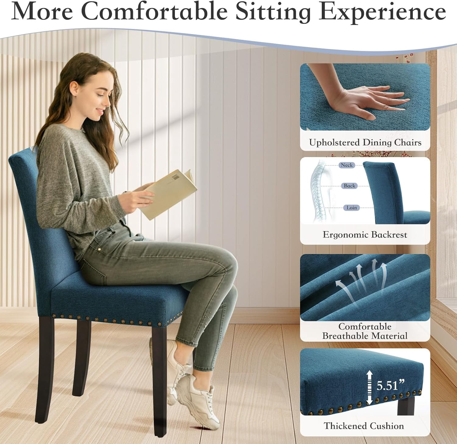 Dining Chairs Set of 2 Upholstered Parsons Diner Room Chair Sets Fabric Kitchen Chairs with Nailhead Trim/Sturdy Wood Legs and Padded Cushion Modern Living Room Chairs, Dark Blue