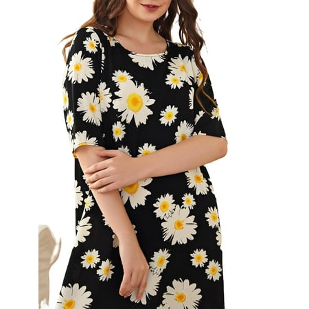 

Casual Floral PrintRound Neck Sleepshirts Elbow-Length Black Womens Nightgowns & Sleepshirts (Women s)