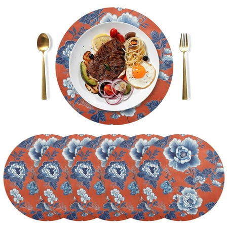 

Qxltty 15inch Round Placemats Set of 6 Polyester Fabric Heat Resistant Washable Table Mat for Kitchen Party Decor Navy Blue Porcelain Flower Pattern