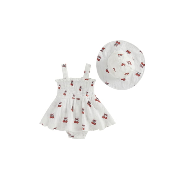 BemeyourBBs 2Pcs Newborn Baby Girl Summer Clothes Smocked Outfit Romper Dress Sleeveless Square Neck Floral Cherry Print Smocked Dress Sunhat Set
