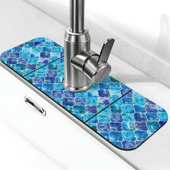 Non-Slip Faucet Mat Diy Faucet Draining Pad Sink Mat Drying Mat For Kitchen Counter & Bathroom Kitchen Sink Splash Guard 15x5.5in Royal Blue Turquoise Teal Moroccan