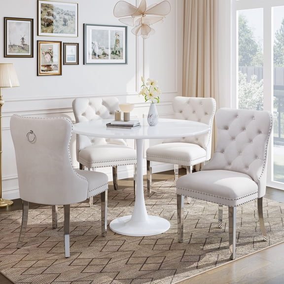 5-Piece 31.5" Round Dining Table Set, Mid-Century Modern All-Metal Kitchen Table with Velvet Nailhead Trim Chairs & Stainless Steel Legs, for 4, Small Spaces, Apartments, Living Room
