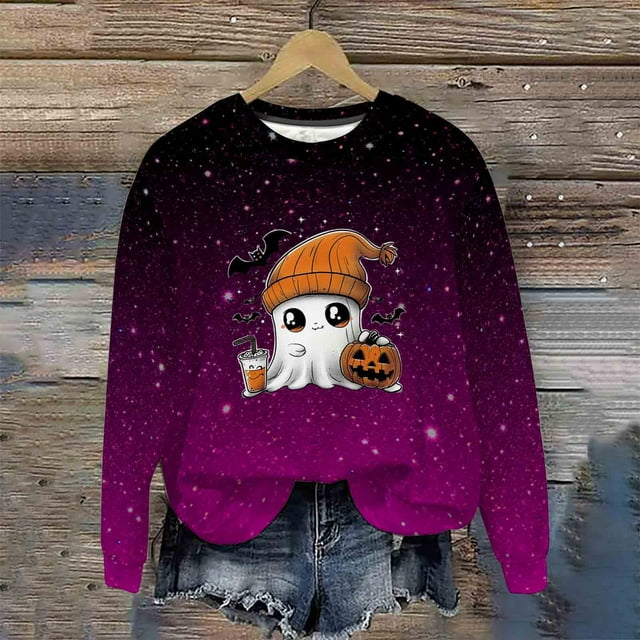 Heisall Womens Hoodies Halloween-themed Sparkling Print Round Neck Long Sleeve Fleece-lined Casual Sporty Fashion Sweatshirts