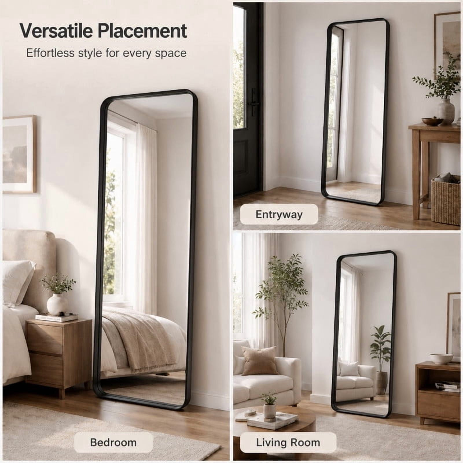 Easy4Home 72"x30"Deep Frame Rounded Rectangle Full Length Dressing Mirror Floor Standing Mirror Wall Mounted,Black