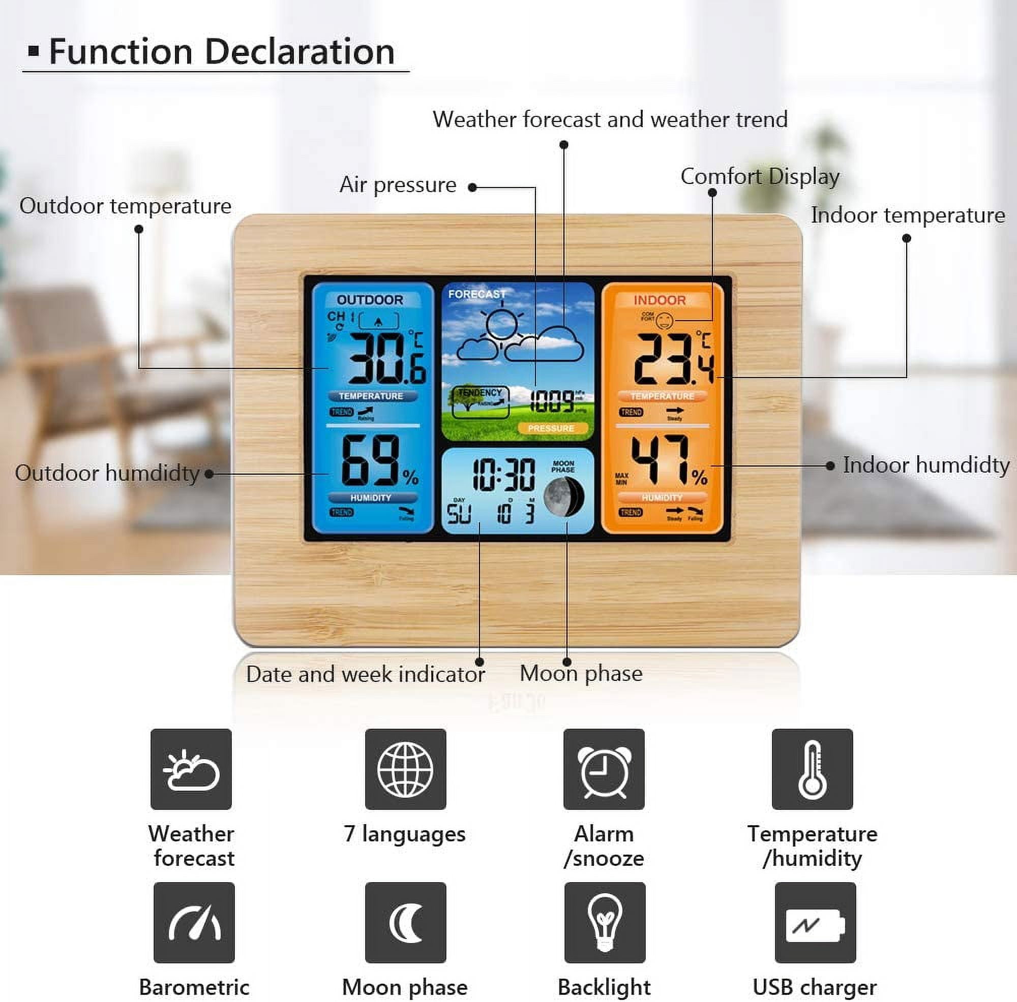Weather Station With Outdoor Sensor, Thermometer, Hygrometer, Indoor And Outdoor Radio Weather Station °C/°F, Date, Weekend, Moon Phases, Daily Alarm
