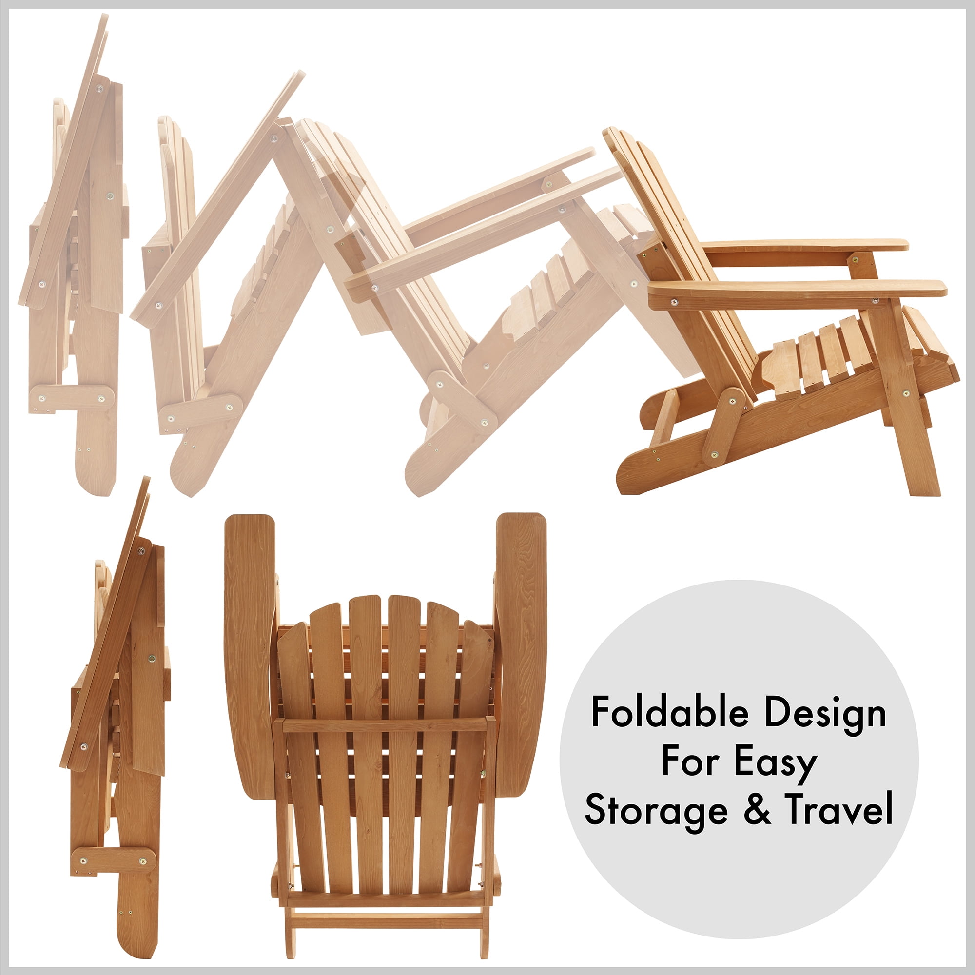 Oversized Folding Adirondack Chair, Set of 2 Cedar Wood Outdoor Fire Pit Lounge Chairs for Patio, Deck, Lawn, Garden, Partially Pre-Assembled - Natural