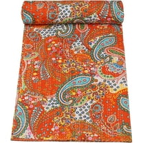 Vintage Handmade Kantha Quilt Indian Traditional Bed Cover Throw Paisley Printed Kantha Quilts (Orange Color, Twin 60x90 Inch)
