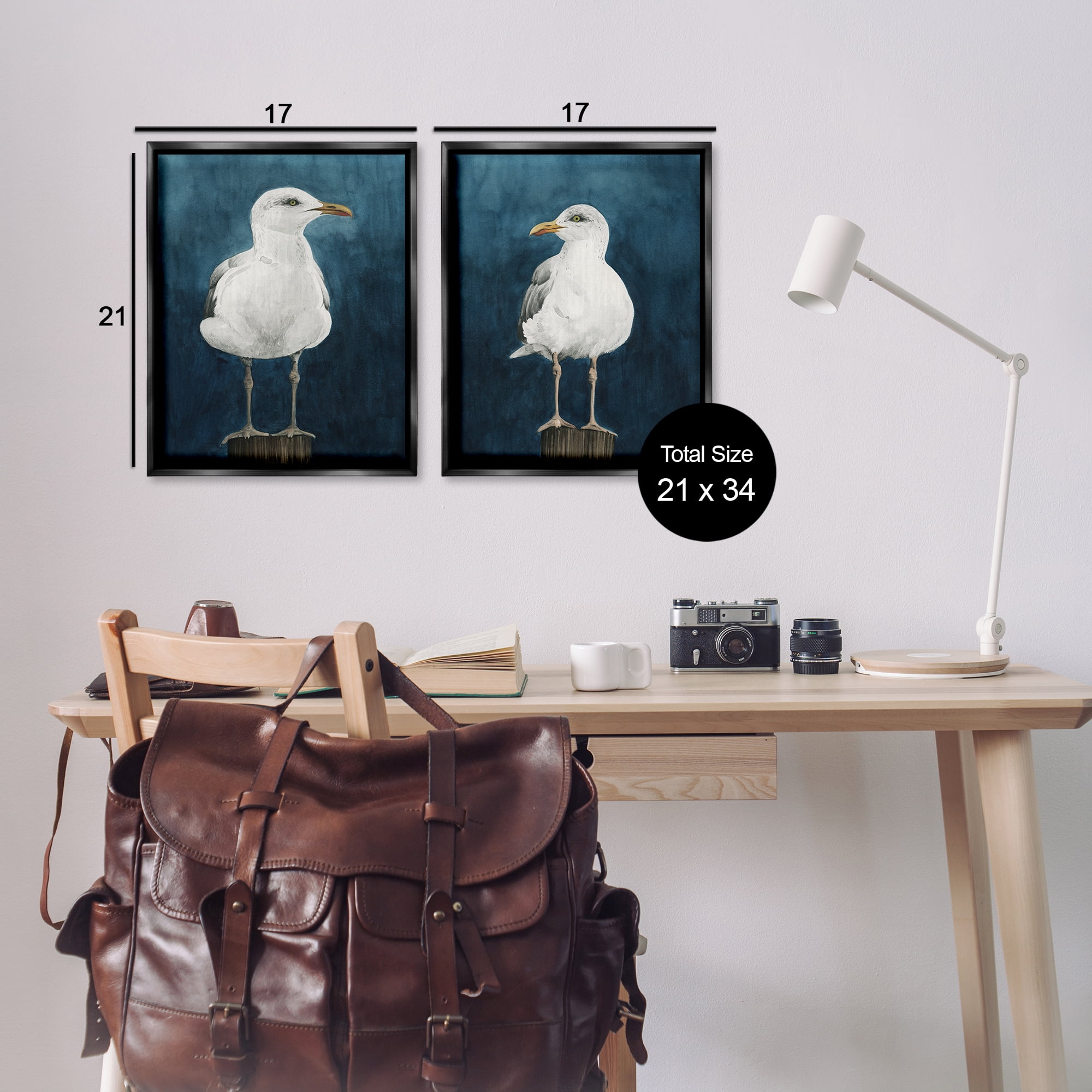 Stupell Industries Seagull Standing on Log Animals Painting Black Floater Framed Canvas Art Print Wall Art, 17 x 21, Set of 2