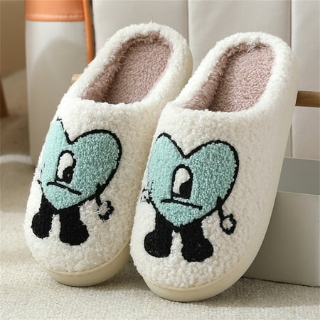 

Jieowen Bad Bunny Slippers for Women Men Cartoon Embroidery Warm Indoor Bedroom Winter Love Pattern Couple Slippers Holiday Gift