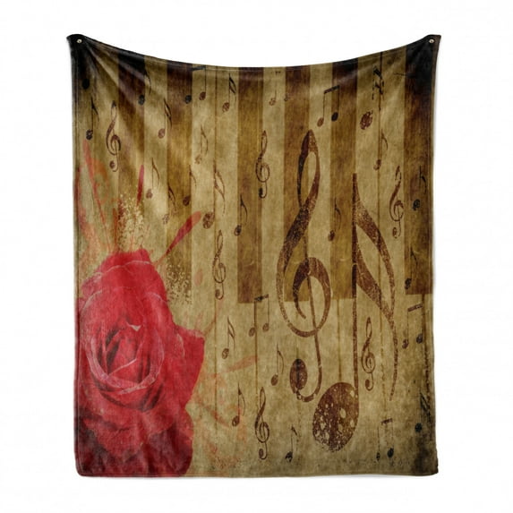 Music Soft Flannel Fleece Throw Blanket, Notes and Musical Symbols on Rustic Piano Keyboard Look Backdrop Romantic Rose, Cozy Plush for Indoor and Outdoor Use, 50" x 70", Brown and Red, by Ambesonne