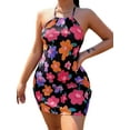 thumbnail image 3 of Franhais Women Halter Dress, Flower Patterns Ruched Backless Hip Dress, Ladies Summer Tight Short Party/Club/Bar Outfits, 3 of 9