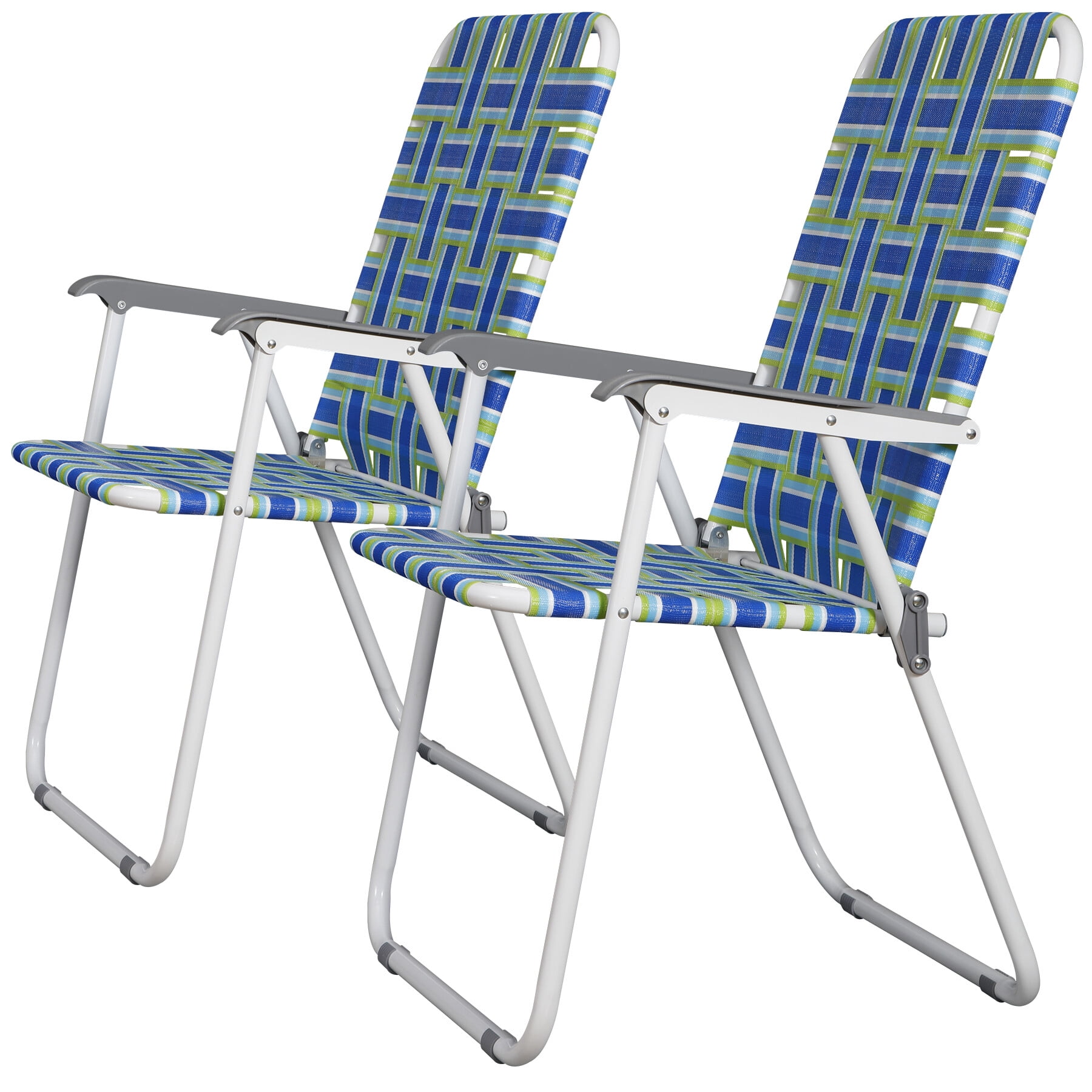 ZENY Set of 2 Patio Lawn Chairs Folding Metal Frame Webbed Camp Chair, Blue/Green