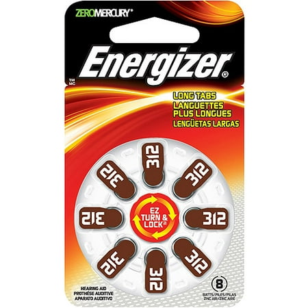 Zinc Air Hearing Aid Batteries Energizer EZ Turn & Lock + Power Seal Zinc Air Hearing Aid Batteries, 1.4V, Mercury-free, Size 312, Pack of 8 ()