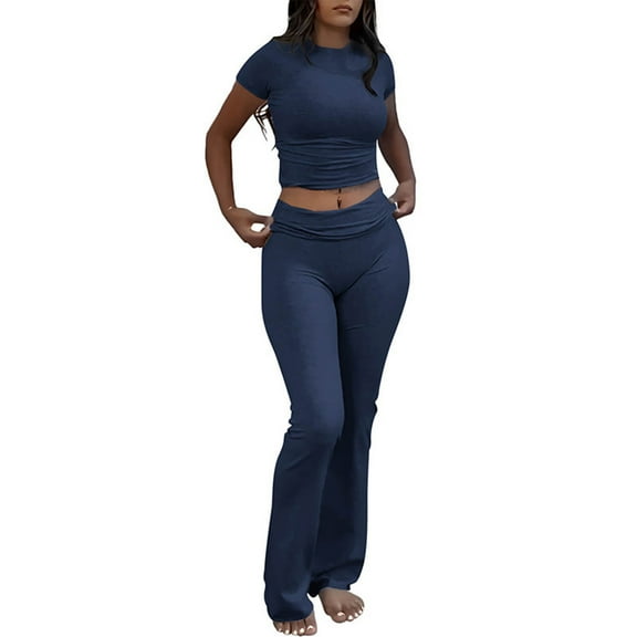 Suumer Plus Size Casual Fshion Two Piece Sets For Women Casual Shoulder Solid Color Pocket Exercise Straight Short Sleeved Low Waisted Flared Pants Sports