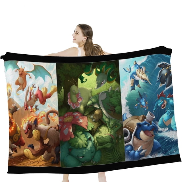 Manta de franela Hggkaie, manta con estampado de dibujos animados de Pokémon, manta de felpa ligera y acogedora para cama, sofá, oficina, decoración y viajes, adolescentes (60 x 50 pulgadas) B2MT-255