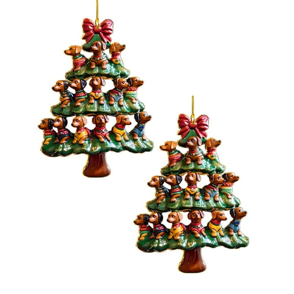 2Pcs Dachshund Christmas Wreath Doxie Weiner Dog Lover 2D Flat Car Rear View Mirror Accessories Christmas Tree Ornament Decoration Hanging Charm Interior Rearview Pendant Decor Gift