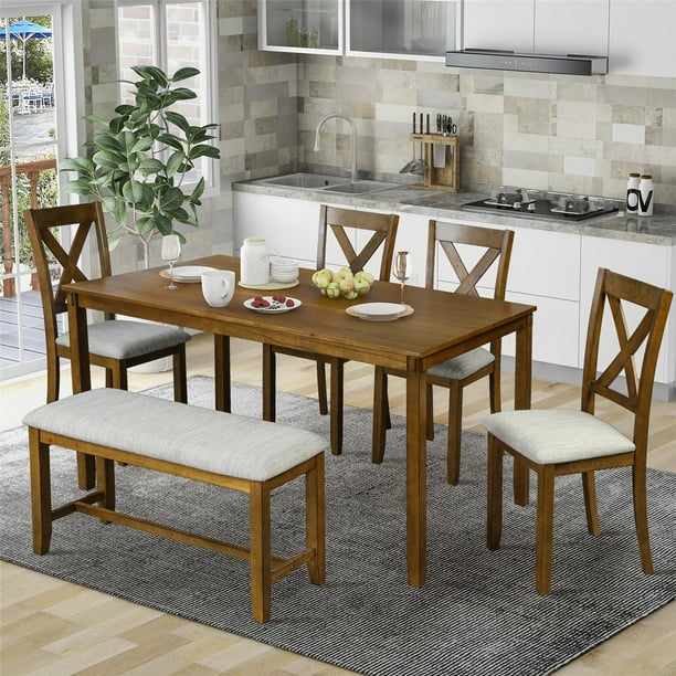 6 Piece Dining Table Set Wood, Dining Room Table Bench Seat Covers